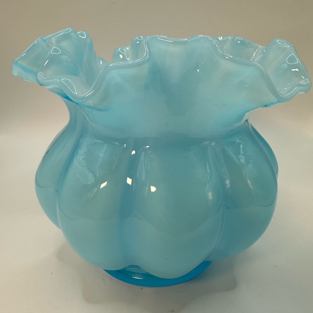 Vintage Fenton Light Blue Glass Melon Vase Ruffle 5 inches tall